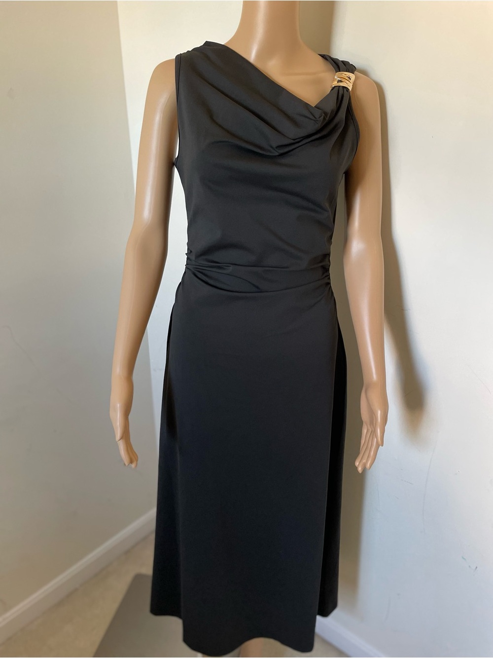 Women’s Elegant Black Draped Sleeveless Dress with Gold Accent Size S